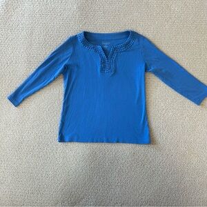 SP Talbots  3/4 sleeve shirt in a solid blue color with embellished neckline.